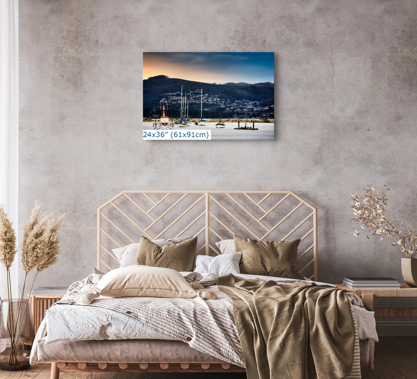 A 24x36 print exudes the heavenly calm of Morro Bay's sunrise, transforming a bedroom into a sanctuary of natural beauty.