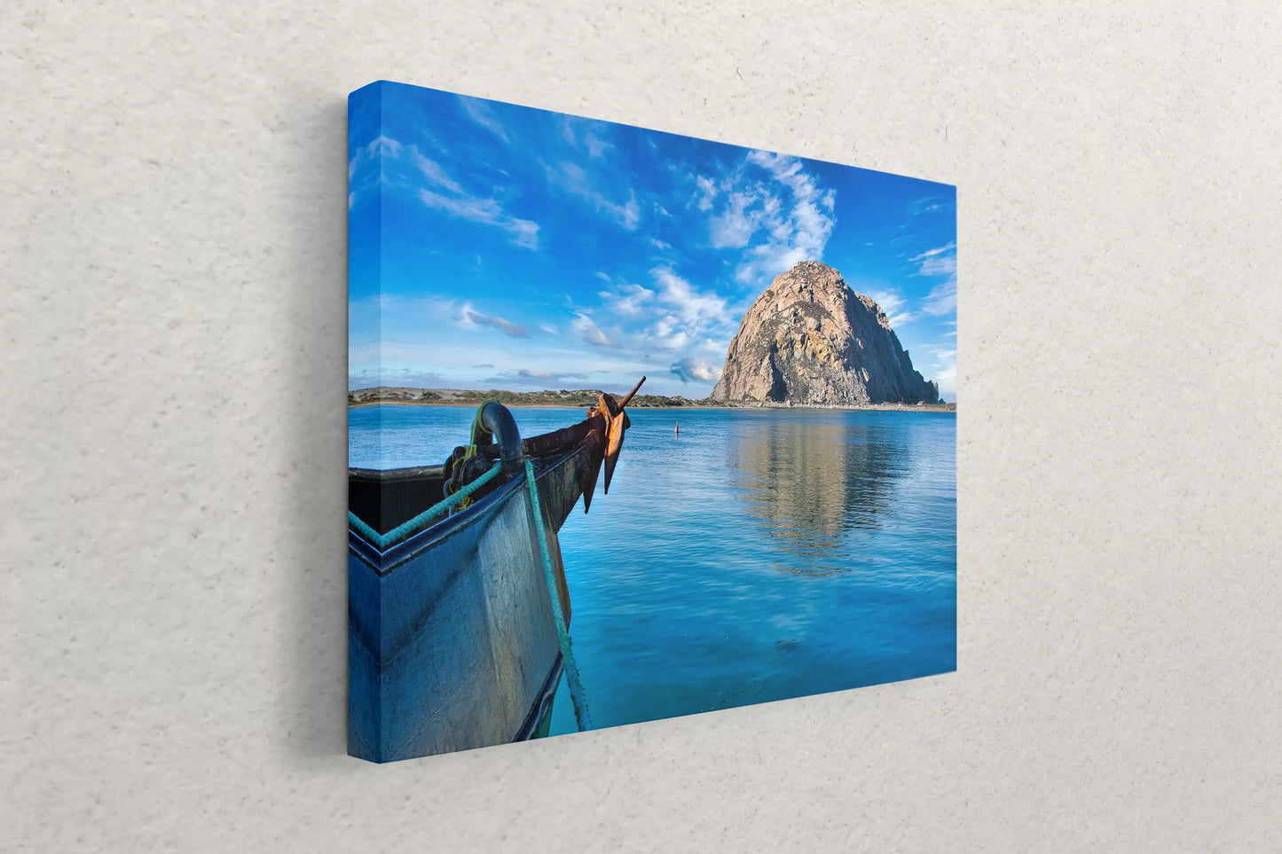 Canvas wall art of a boat's bow directing the gaze to the iconic Morro Rock in Morro Bay, a quintessential California coastal scene.