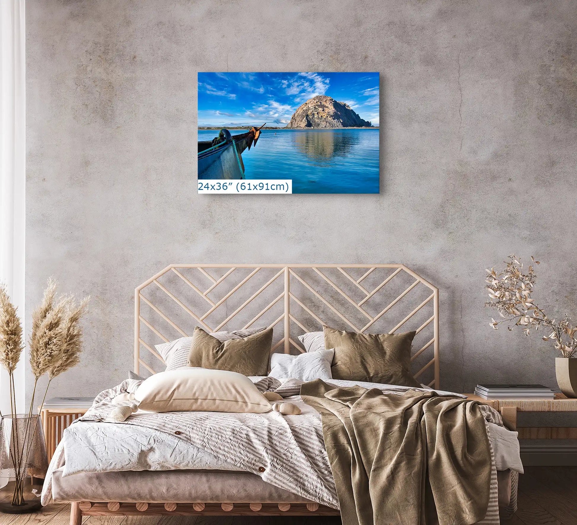 A peaceful bedroom enhanced by the presence of Morro Rock canvas wall art, evoking the serene spirit of California's coastline with a 24x36 art hanging over the bed.