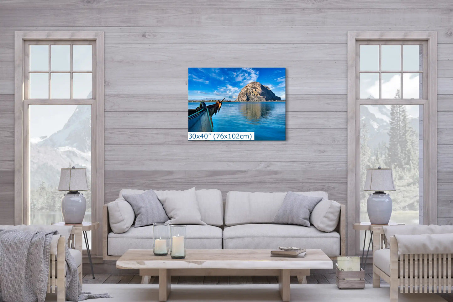 A 30x40 canvas art piece in a living room, with the bow of a boat leading the eye to the majestic Morro Rock, symbolizing serene navigation.