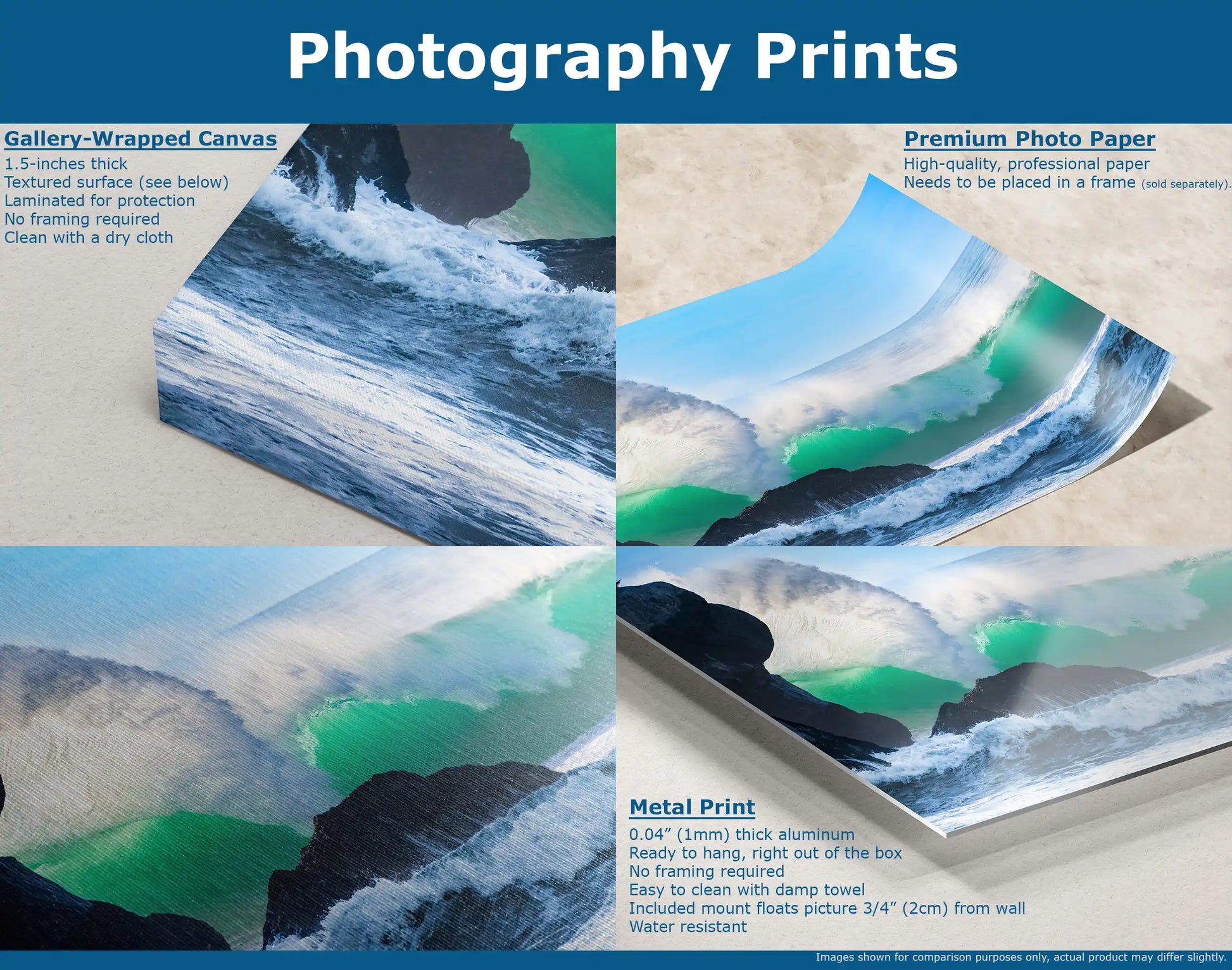 Close-up of different mediums—canvas, photo paper, metal print—of an ocean wave artwork, illustrating texture and finish options.