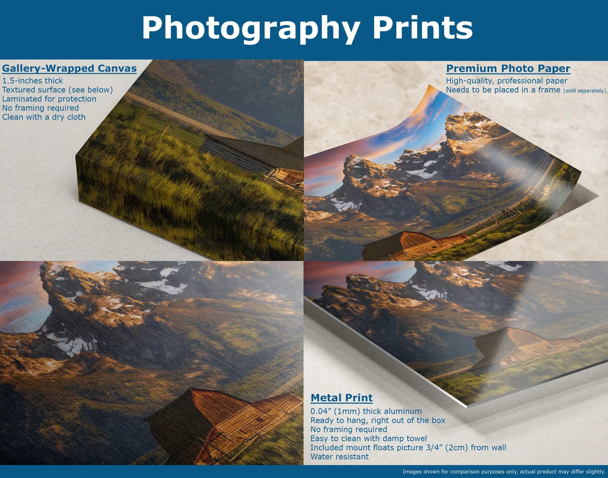 An explainer image comparing gallery-wrapped canvas, premium photo paper, and metal print mediums of a photograph of the John Moulton Homestead against the Teton Mountains at sunrise.