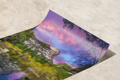 Close-up of the premium paper print texture, highlighting the detailed reflection of Mt. Watkins in Mirror Lake.