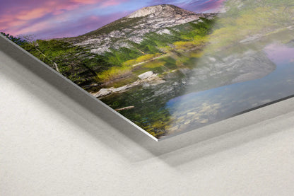 Detail of aluminum print showing the vivid colors and sharpness of Mt. Watkins and Mirror Lake at Yosemite.