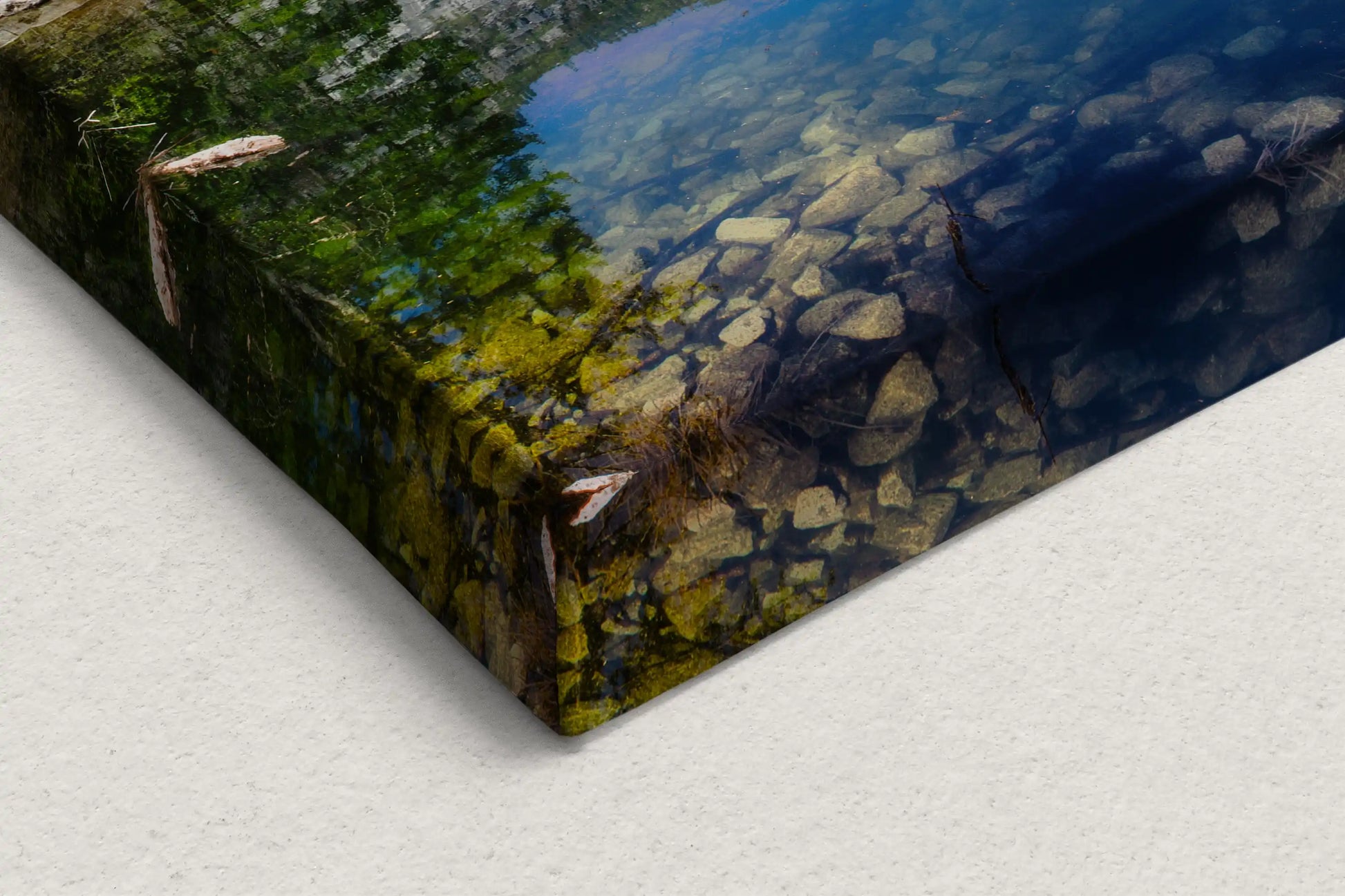 Canvas corner close-up showcasing the print quality and depth of the Mt. Watkins and Mirror Lake image.