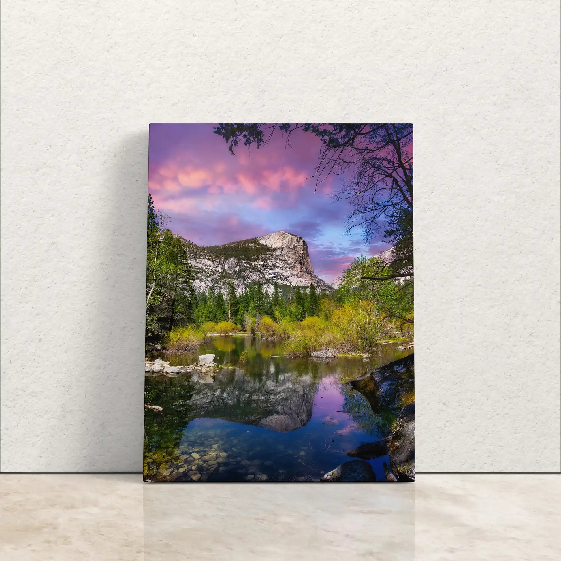 Canvas print of Mt. Watkins and Mirror Lake at Yosemite leaning against a wall, capturing the twilight sky's reflection.