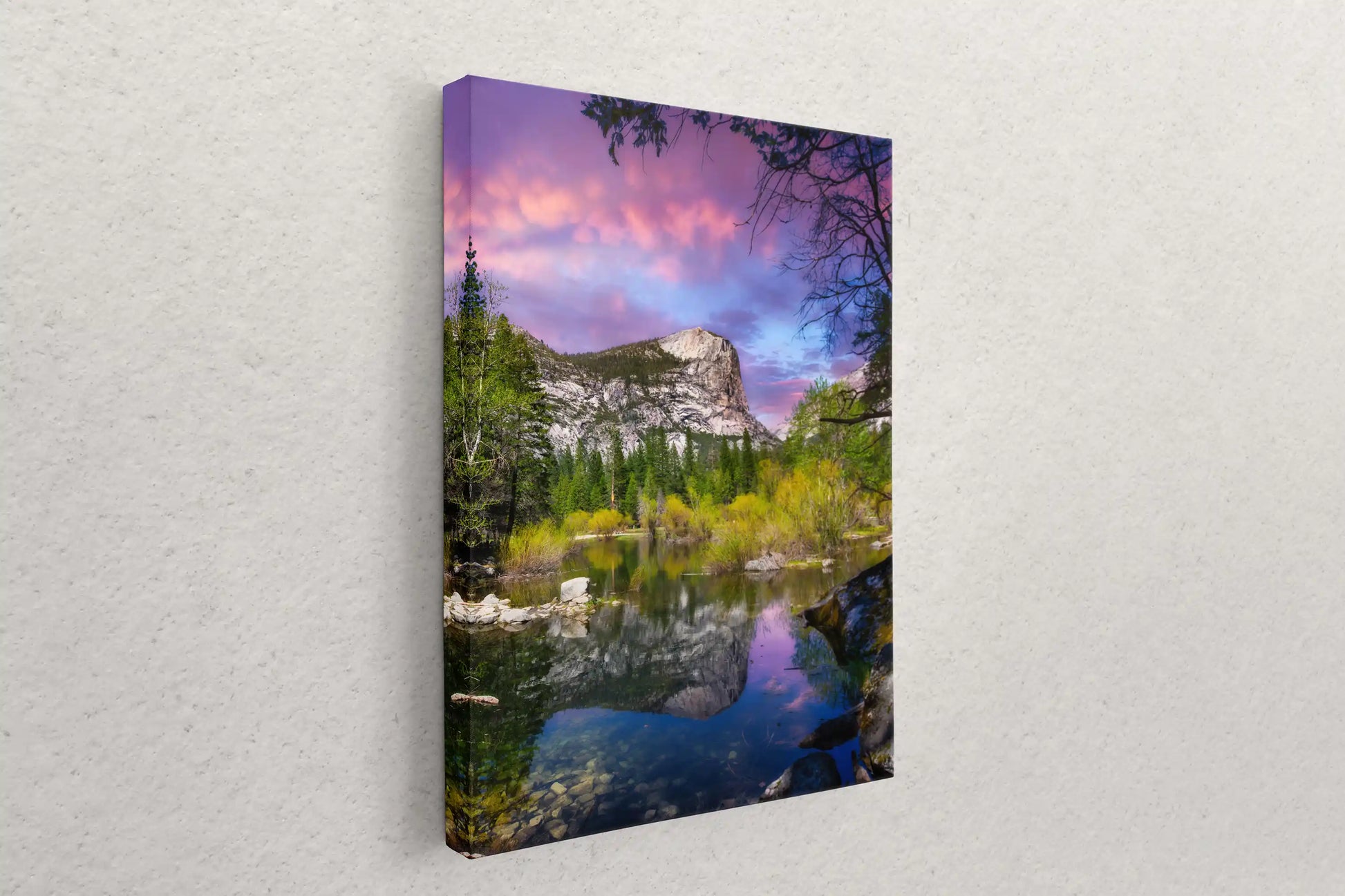 Full front view of a canvas wall art capturing the stunning reflection of Mt. Watkins in Mirror Lake, Yosemite.