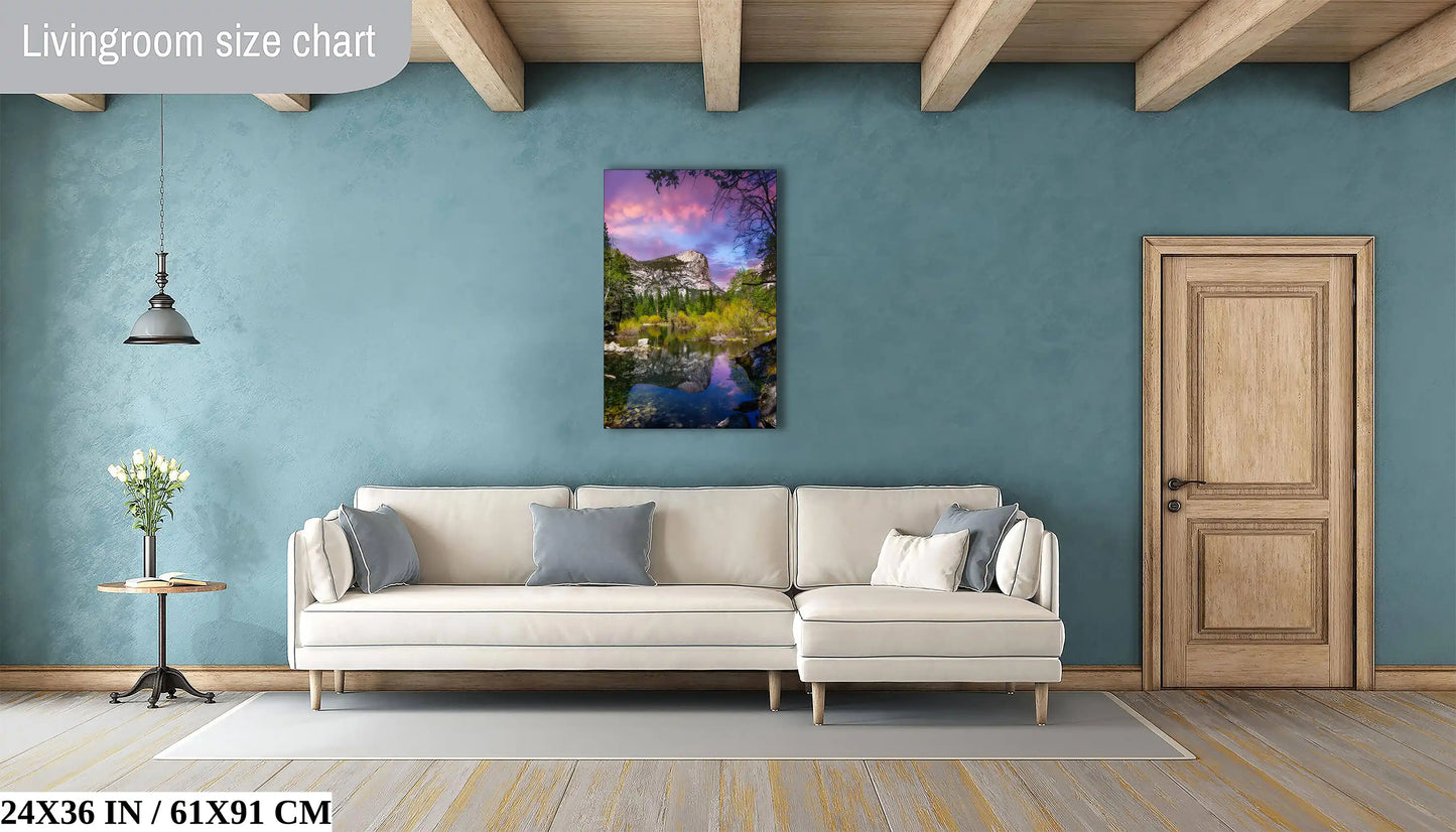 "Living room adorned with a 24x36 canvas of Yosemite's Mt. Watkins and Mirror Lake, enhancing the room's tranquility.