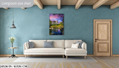 "Living room adorned with a 24x36 canvas of Yosemite's Mt. Watkins and Mirror Lake, enhancing the room's tranquility.