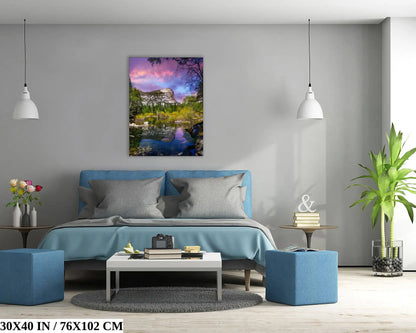 Yosemite's Mt. Watkins and Mirror Lake, presented on a 30x40 canvas, as a focal point above a bed.
