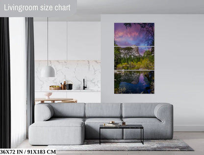 Expansive 36x72 canvas print of Mt. Watkins and Mirror Lake, dominating a living room wall with Yosemite's beauty.