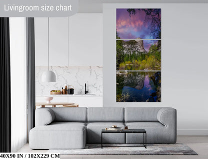 Panoramic 40x90 canvas of Yosemite's Mt. Watkins and Mirror Lake, offering a breathtaking view in a living space.