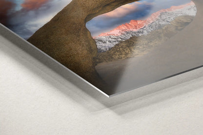 Detail of an aluminum metal decor piece featuring Mount Whitney through Mobius Arch, reflecting the vibrant colors of the Alabama Hills.