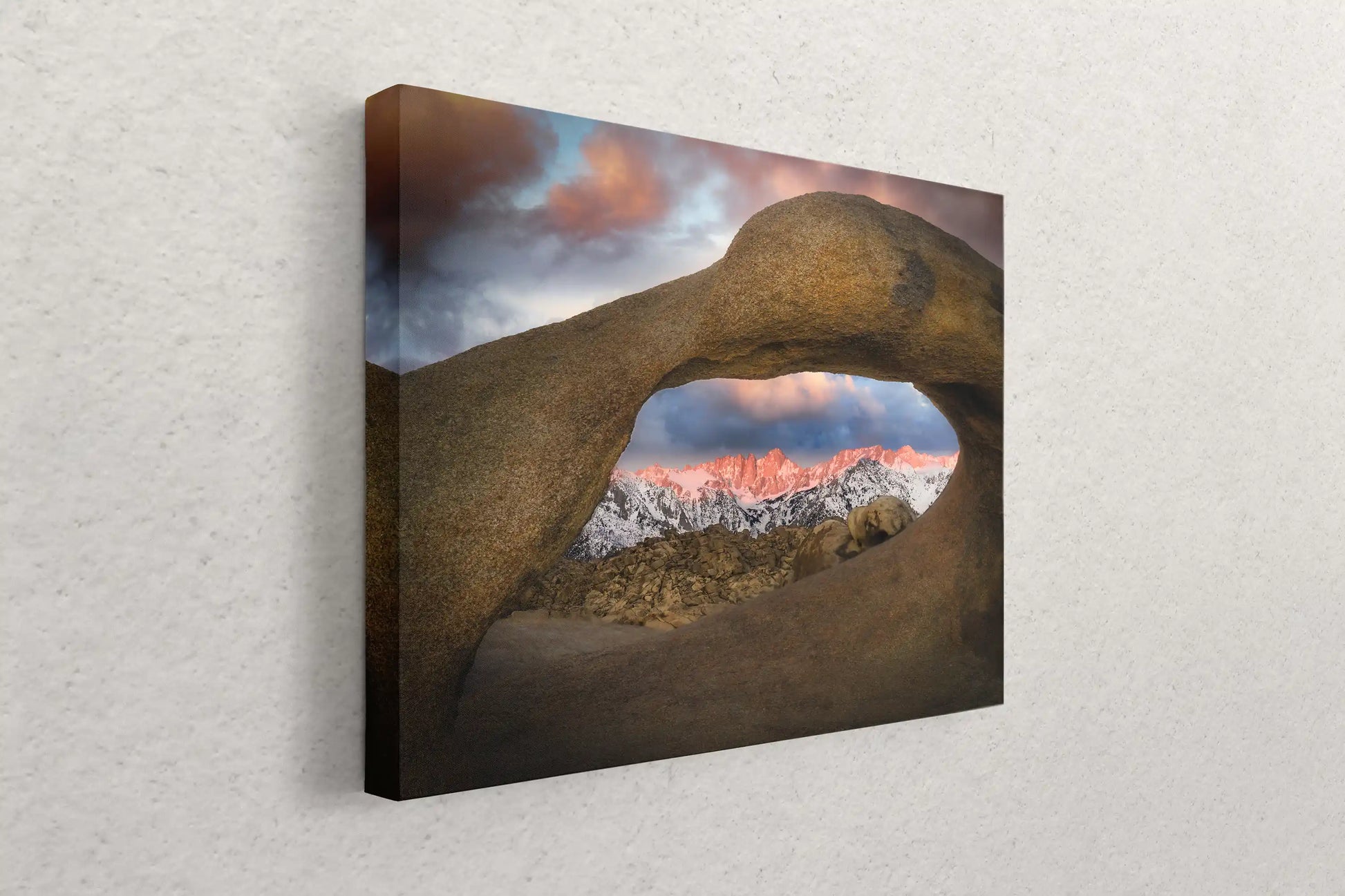 Canvas wall art of Mount Whitney through Mobius Arch in Alabama Hills, side view, capturing the natural splendor in a home setting.