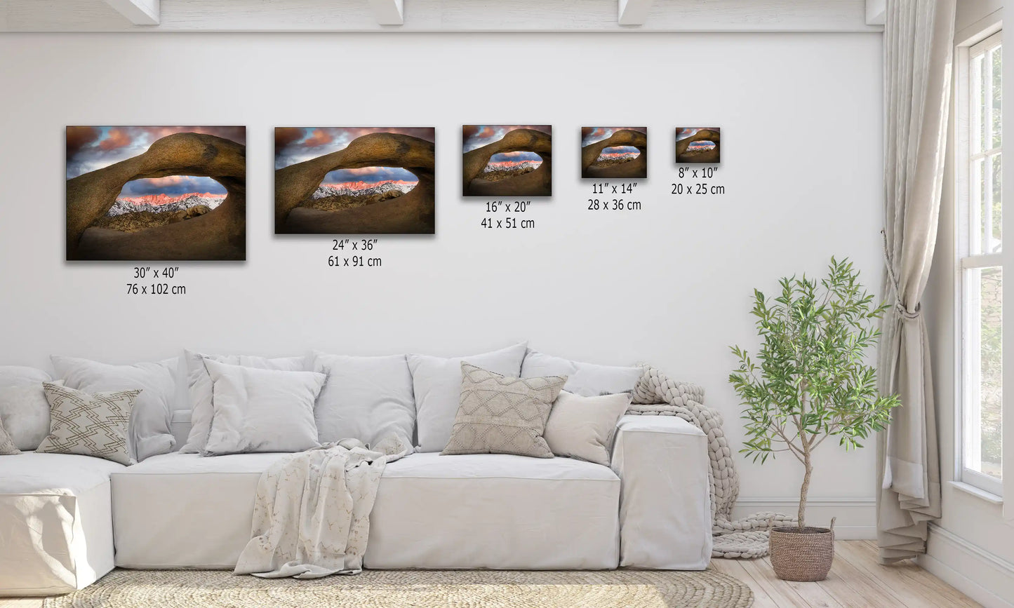 Collection of Mount Whitney through Mobius Arch canvas prints in varying sizes, depicting the tranquil beauty of Alabama Hills.