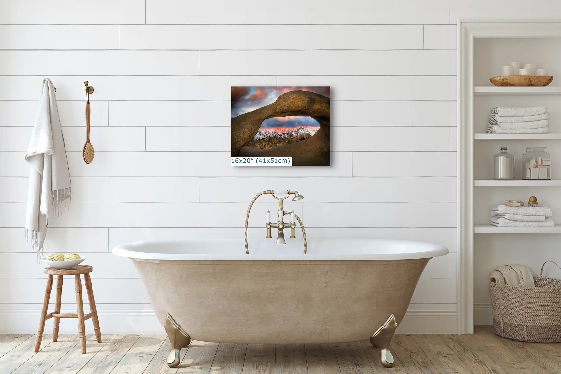 16x20 canvas of Mount Whitney framed by Mobius Arch, adding a touch of natural elegance to the bathroom space with its serene landscape.