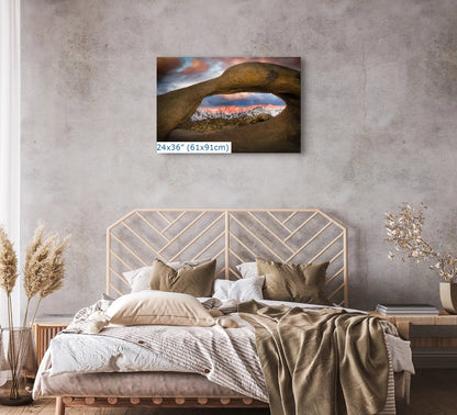 24x36 canvas art of Mount Whitney through Mobius Arch, offering a peaceful desert vista to the bedroom ambiance, reflecting tranquility.