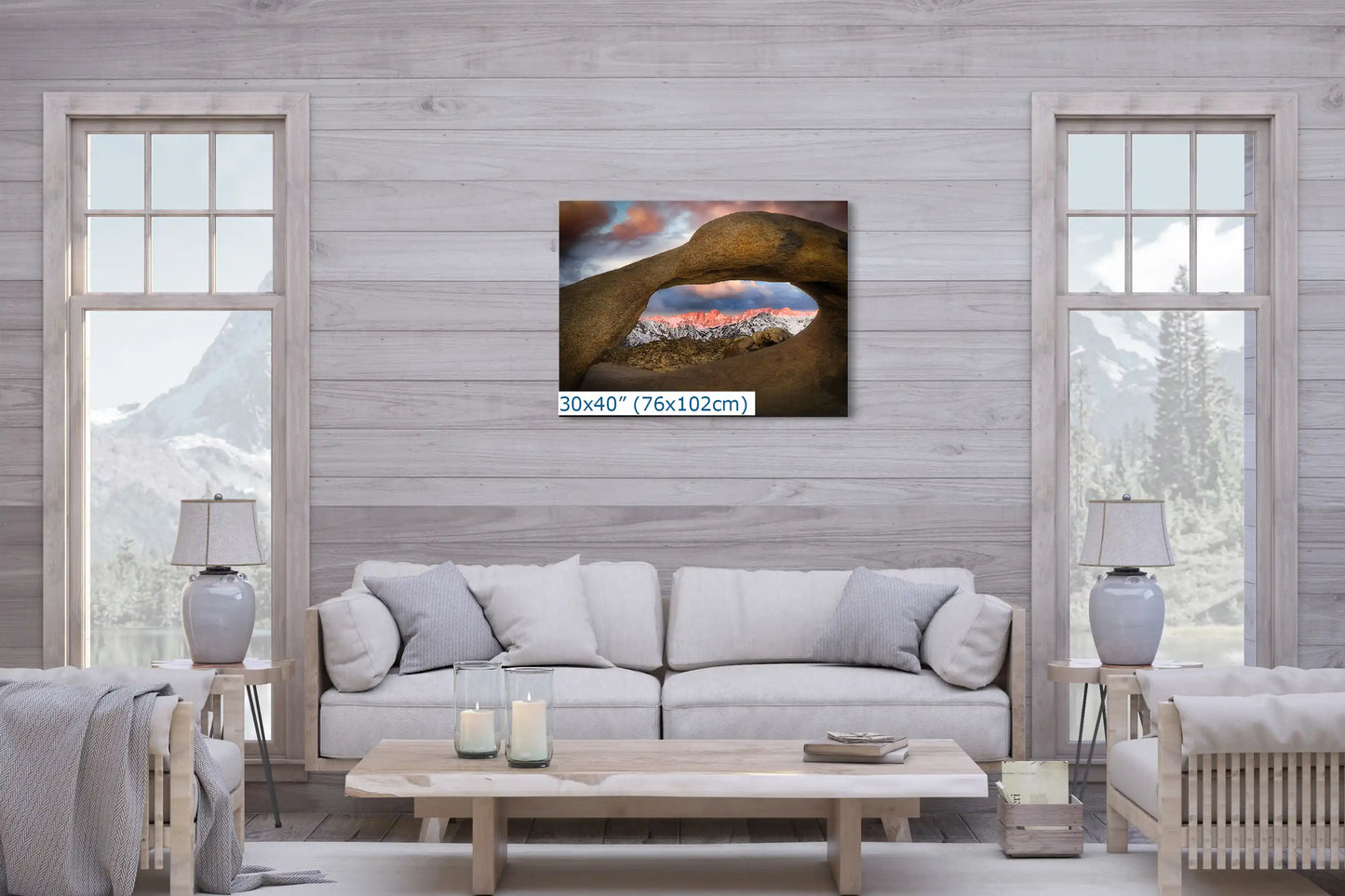 Large 30x40 canvas showcasing Mount Whitney through Mobius Arch, creating a calming focal point in a cozy living room setting.