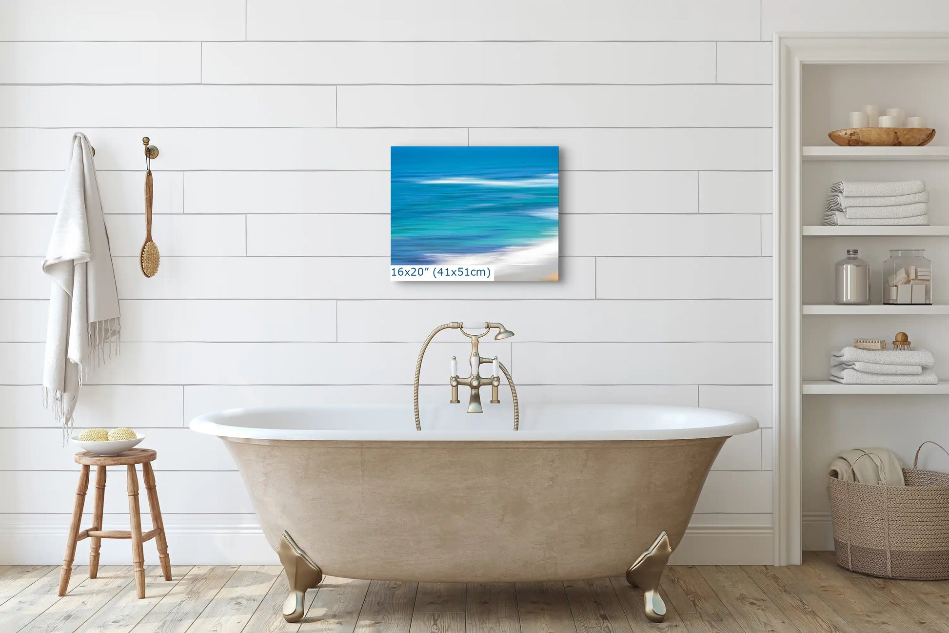 Blue Ocean abstract art in 16x20-inches over bathroom tub