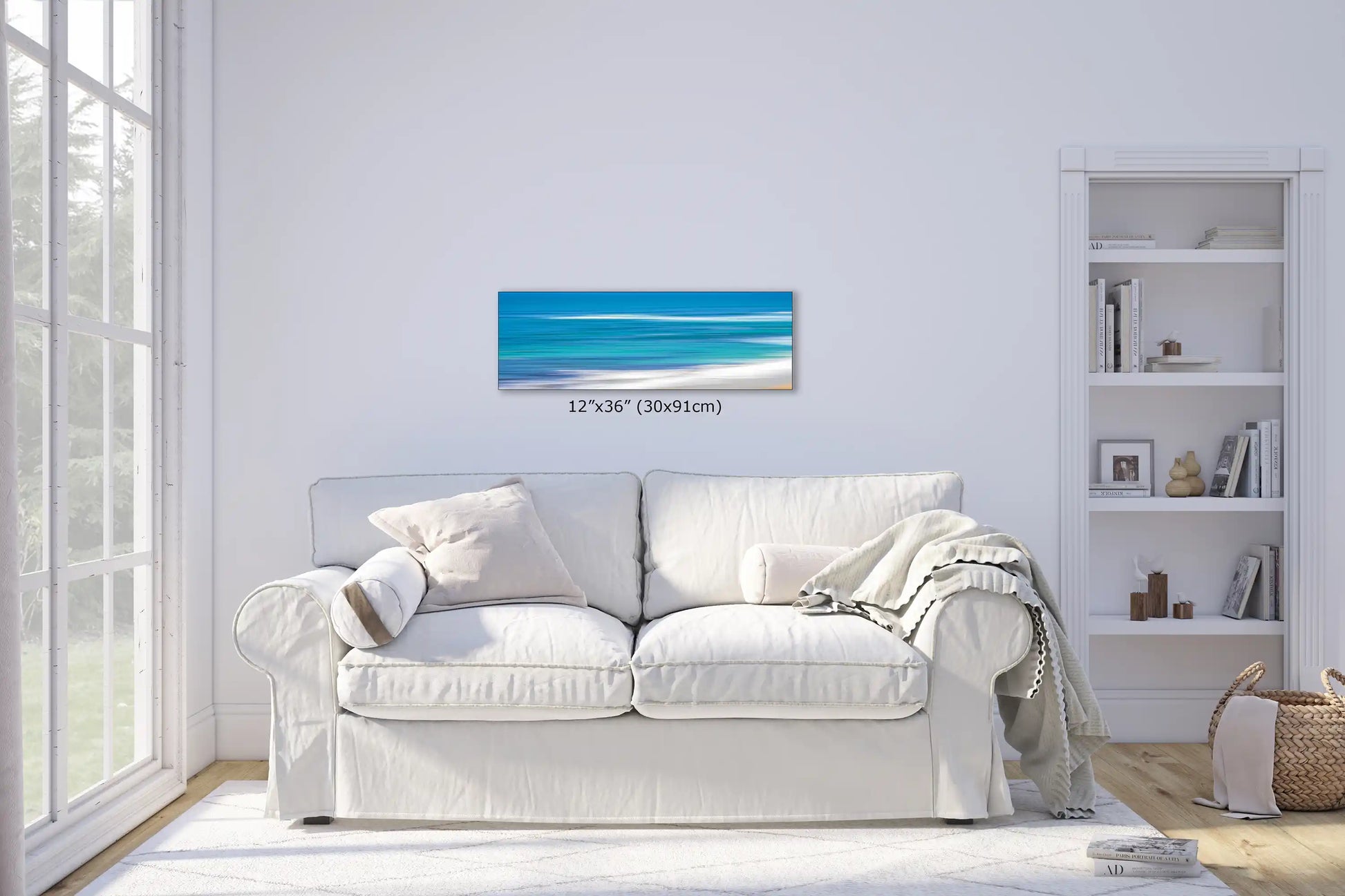 Blue Ocean abstract art in 12x36-inches over living room couch