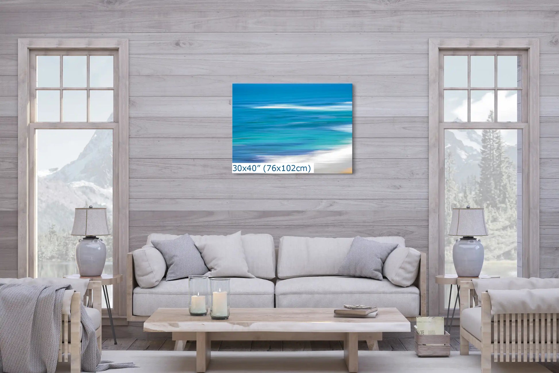 Blue Ocean abstract art in 30x40-inches over living room couch