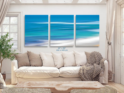 Blue Ocean abstract art in 3-piece canvas 40x90-inches over living room couch