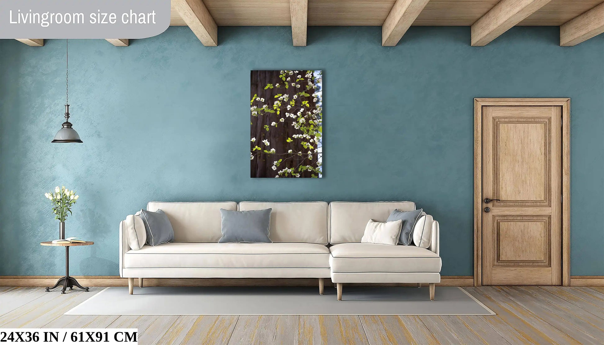 Living room decorated with a 24x36 inch Pacific Dogwood flowers print, illustrating how large-scale art can complement spacious areas