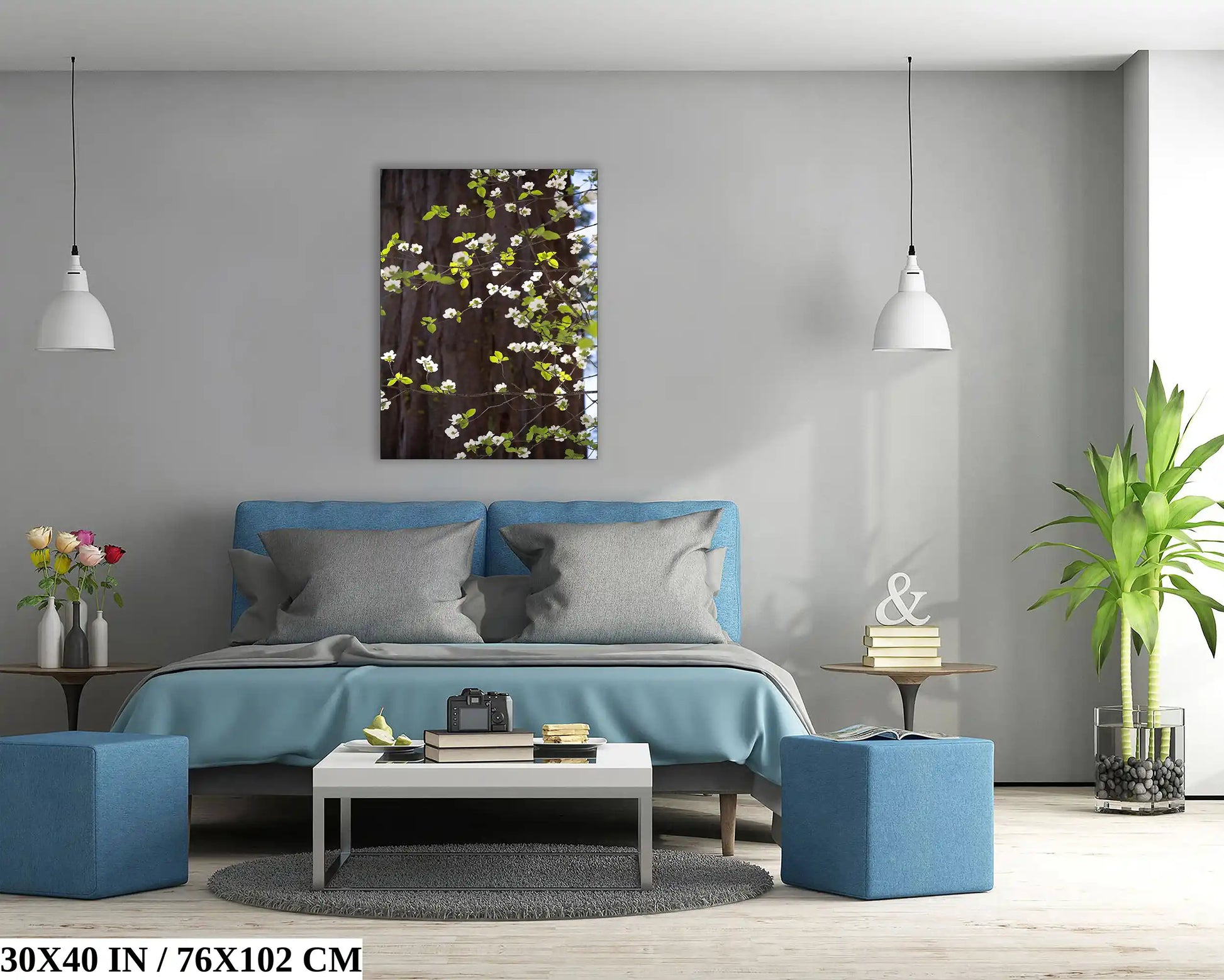 30x40 inch Pacific Dogwood flowers canvas print in a bedroom, demonstrating the impact of nature-themed art in creating a calming bedroom ambiance