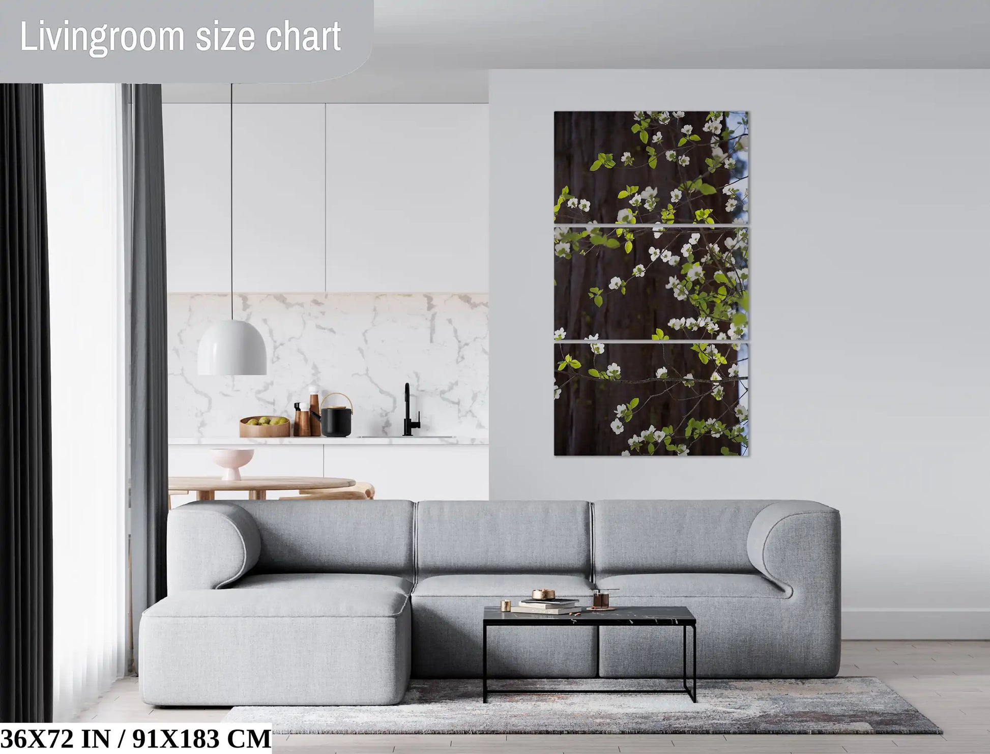 Massive 36x72 inch Pacific Dogwood flowers canvas print in a living room, serving as a dramatic centerpiece in a large, modern space