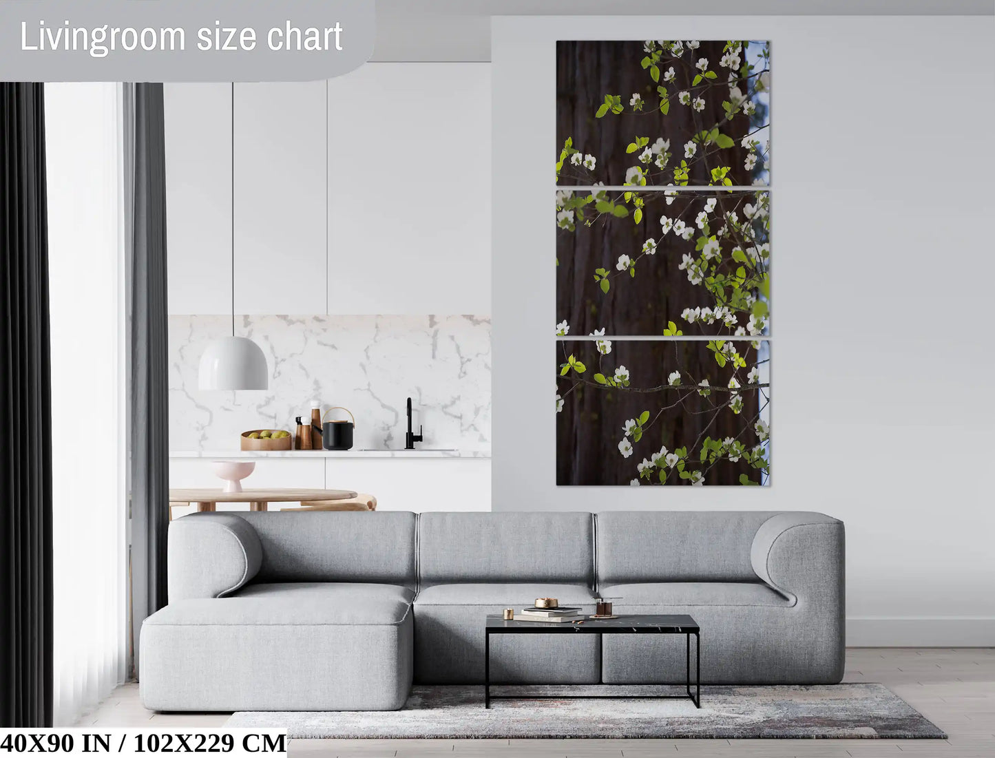 Massive 40x90 inch Pacific Dogwood flowers canvas print in a living room, serving as a dramatic centerpiece in a large, modern space