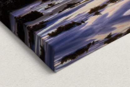 Canvas close-up showing the texture and depth of the Purple Sand Beach Big Sur sunset, accentuating the art's tactile appeal.