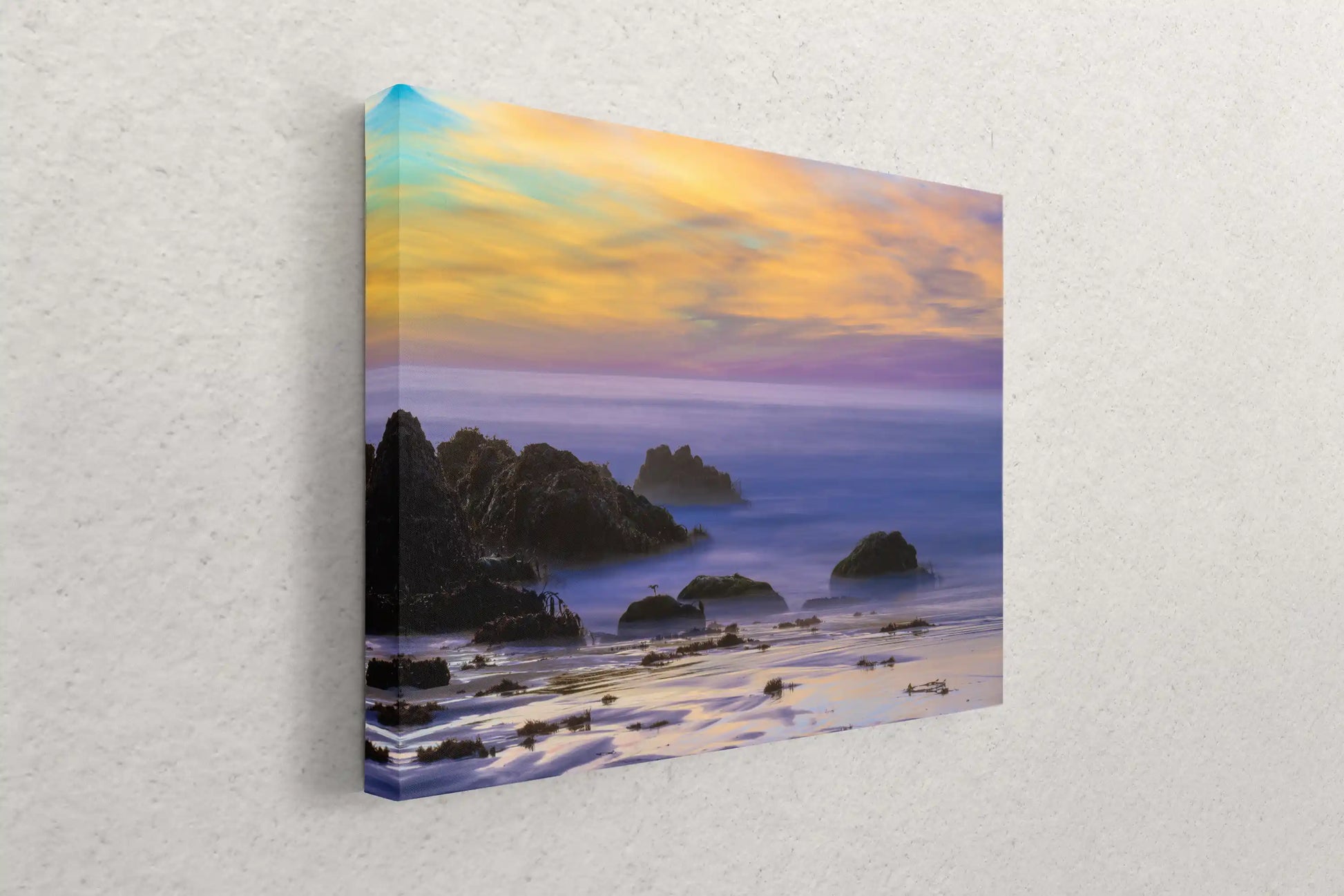 Wall art of a stunning Big Sur sunset at Purple Sand Beach, with vivid purples and golds casting a tranquil ambiance.