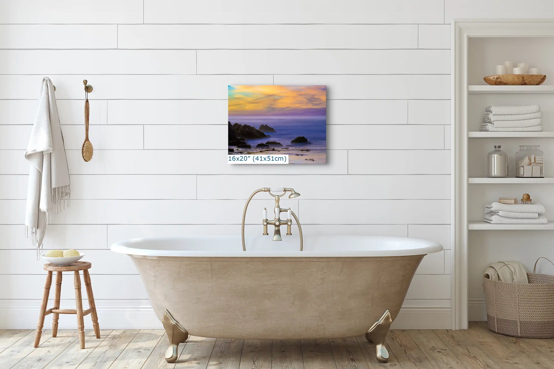 Bathroom decor with a 16x20 wall art of Big Sur's Purple Sand Beach at sunset, infusing the space with the coastline's serene beauty.