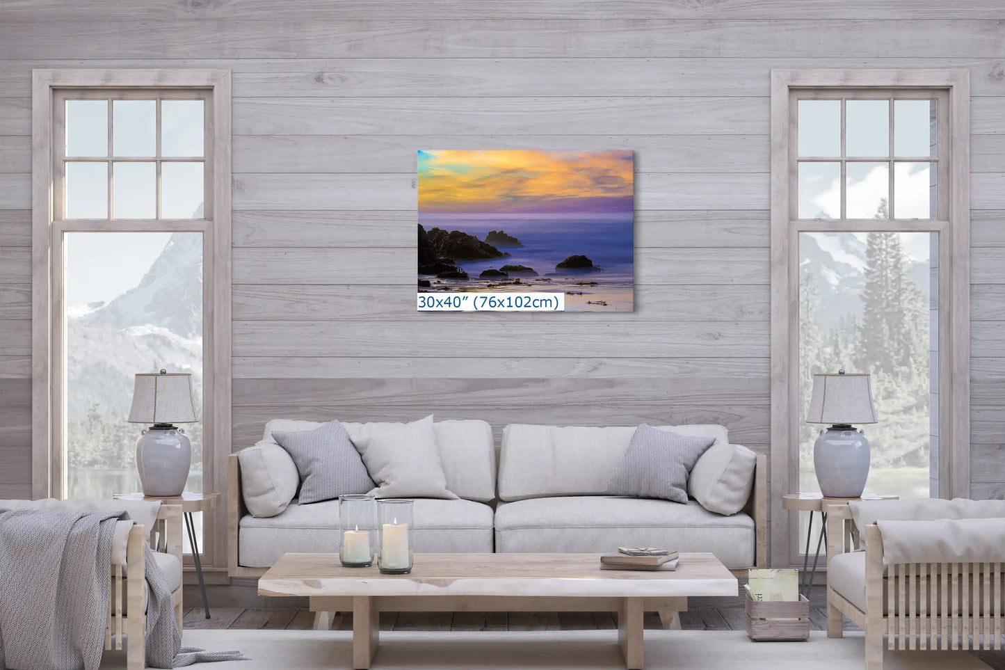 Large 30x40 wall art in a living room setting, showcasing the stunning sunset over Purple Sand Beach in Big Sur, creating a focal point of natural splendor.