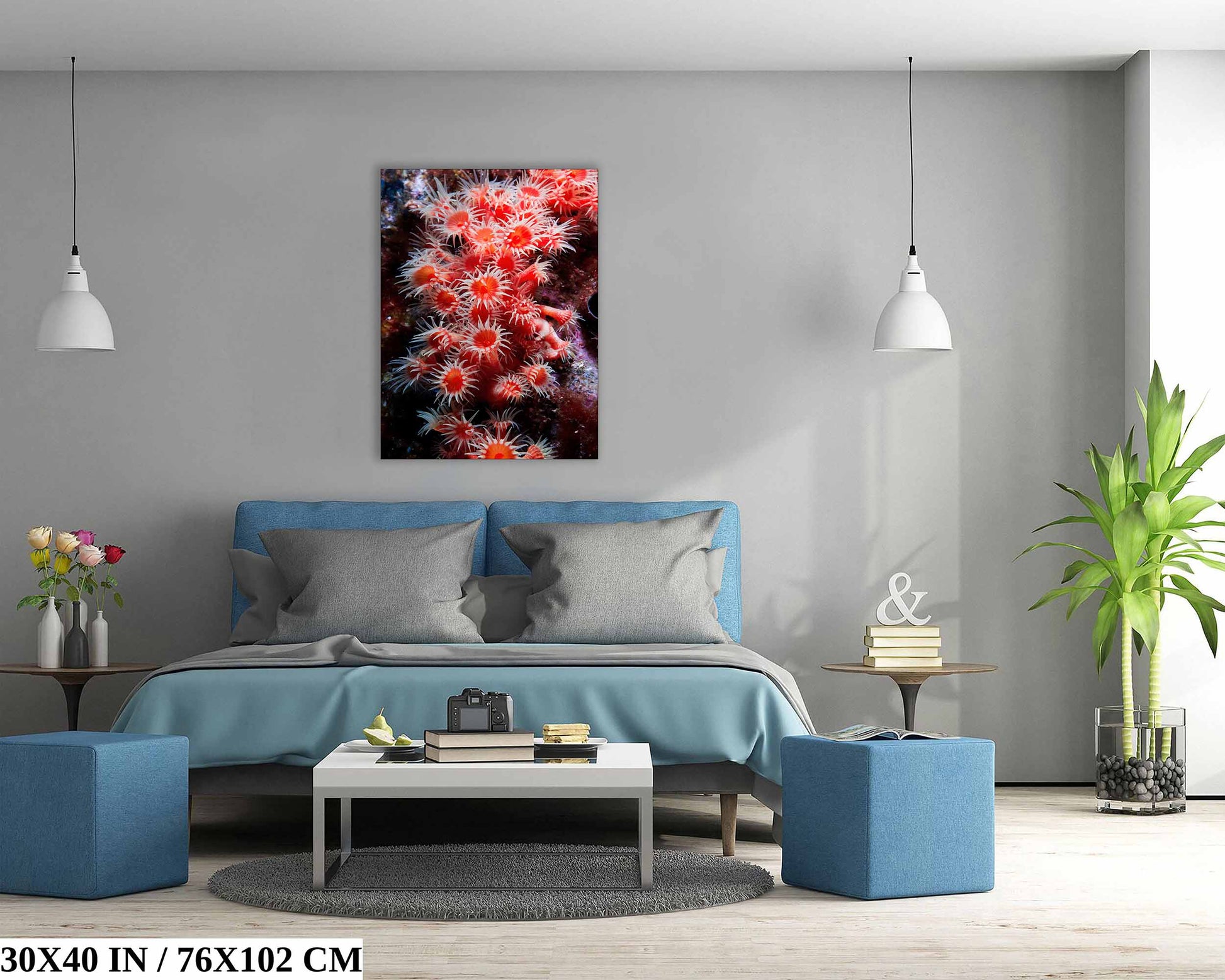 A bedroom with a 30x40 inch red zoanthid coral canvas print above the bed, providing a visual example of artwork in a room setting.