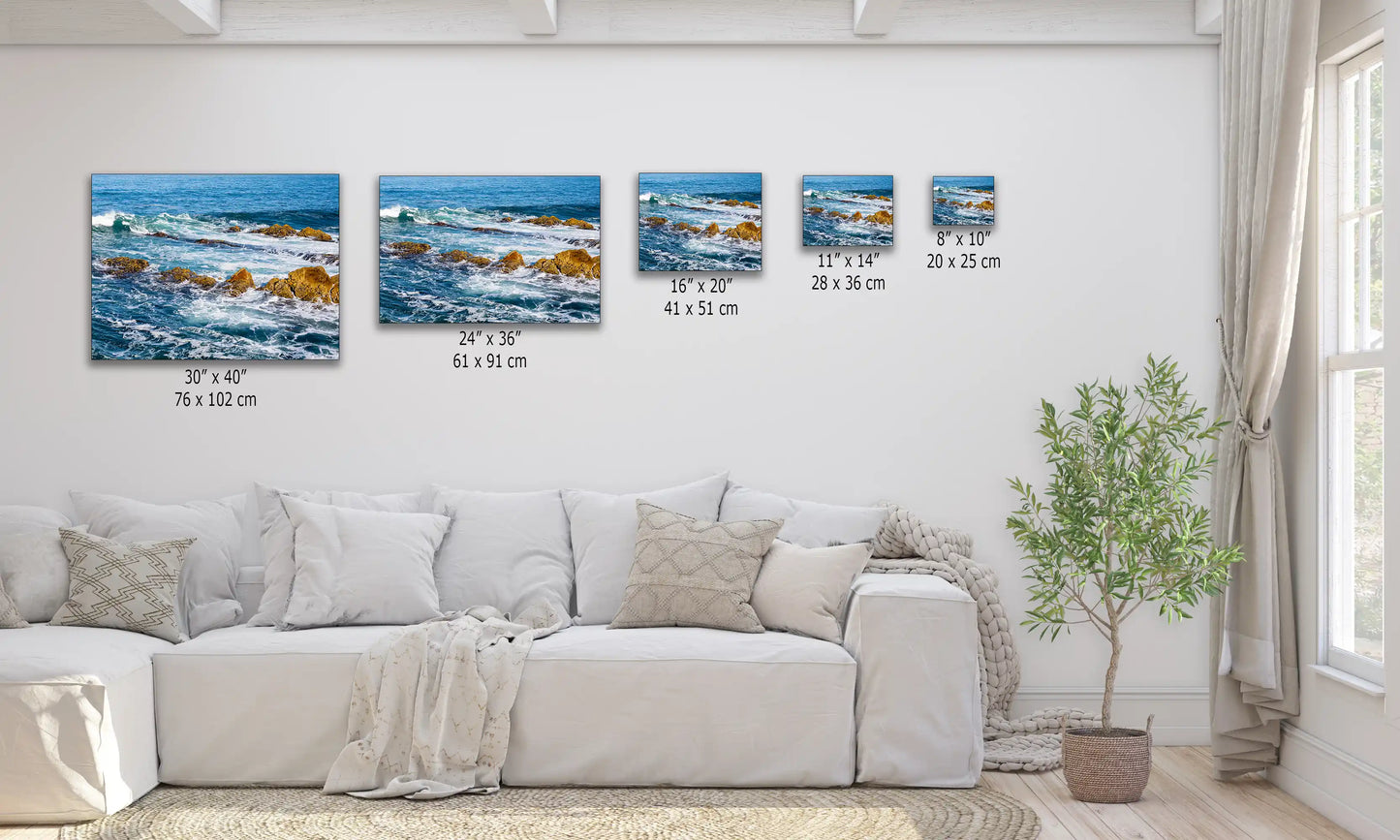 Size comparison diagram showing the ocean scene canvas in various sizes displayed over a couch.