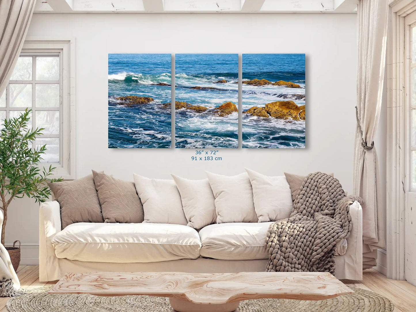 A triptych of the ocean scene, each panel measuring 36"x72", creating a statement piece above a living room sofa.