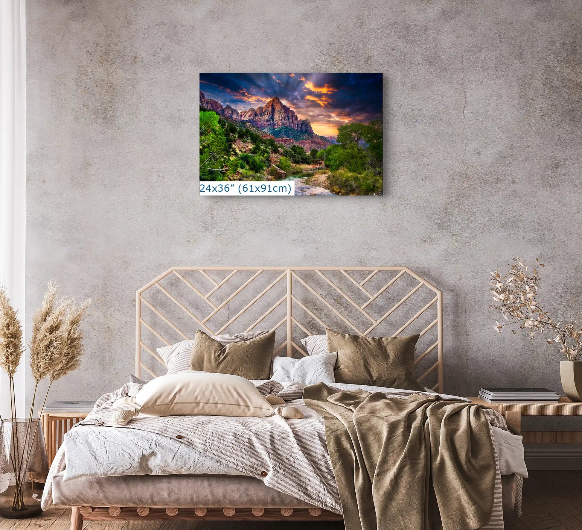 Watchman Mountain Zion Sunset shown in 24x36 over bed