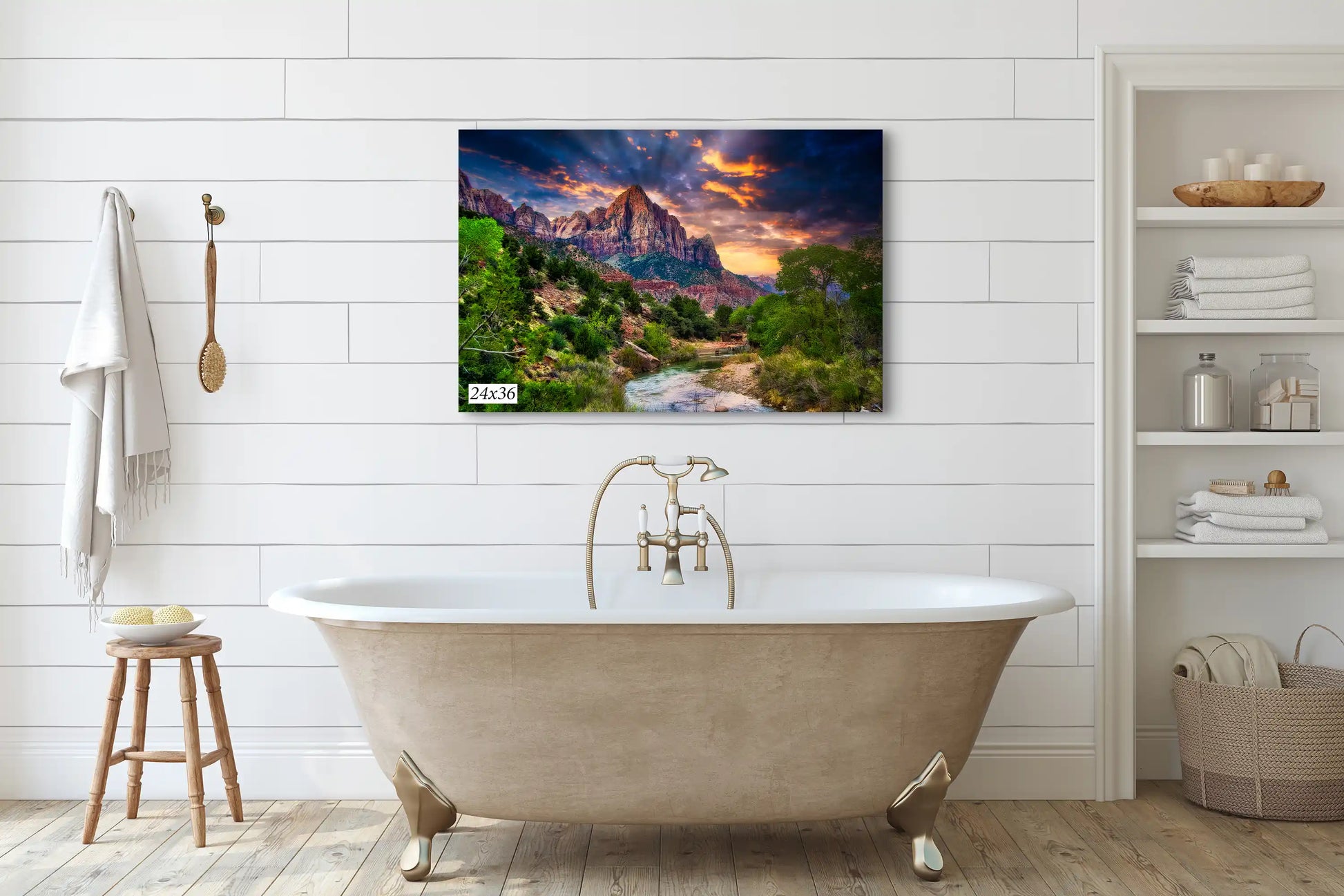 Watchman Mountain Zion Sunset shown in 24x36 over bathroom tub