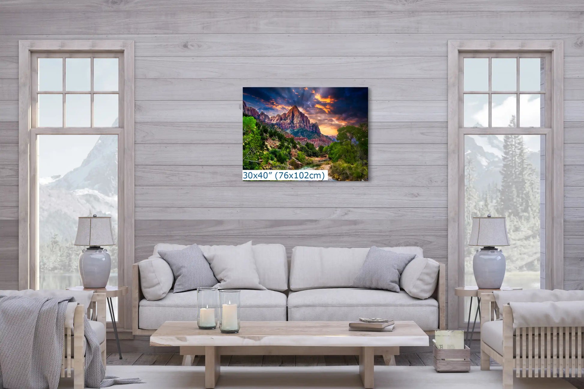 Watchman Mountain Zion Sunset shown in 30x40 over living room couch