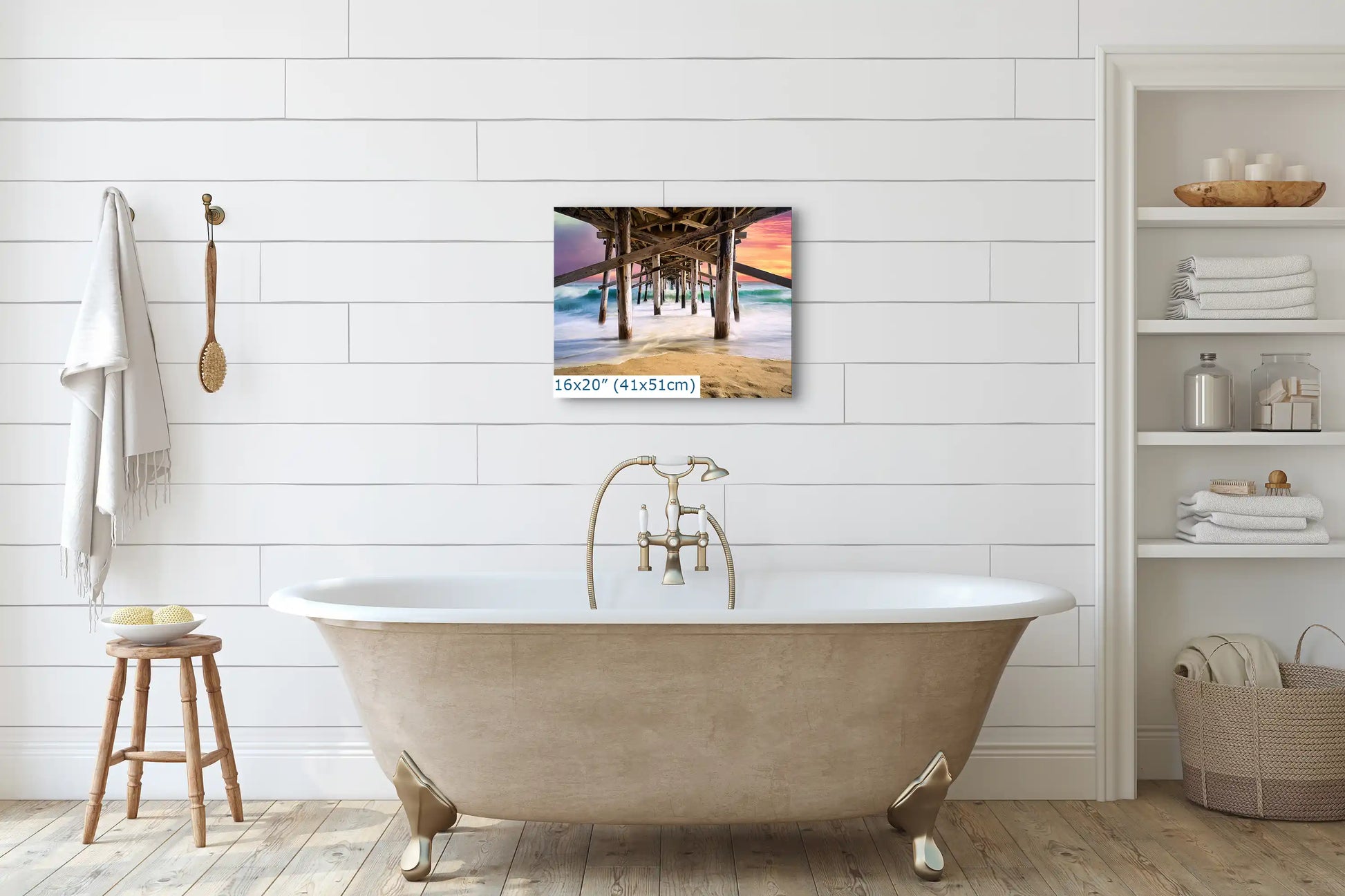 16x20-inch wall art of Balboa Pier at sunset in a bathroom setting, offering a serene ocean view that complements the peaceful ambiance.