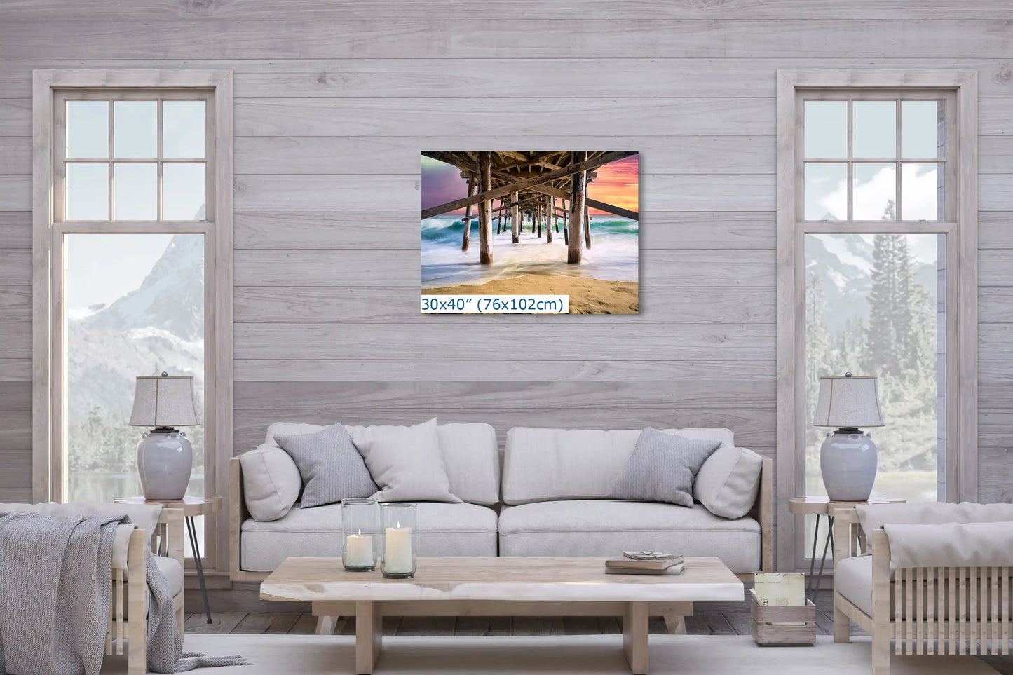 Spacious living room with a 30x40 canvas of the Balboa Pier at sunset, adding a touch of coastal serenity to the home.