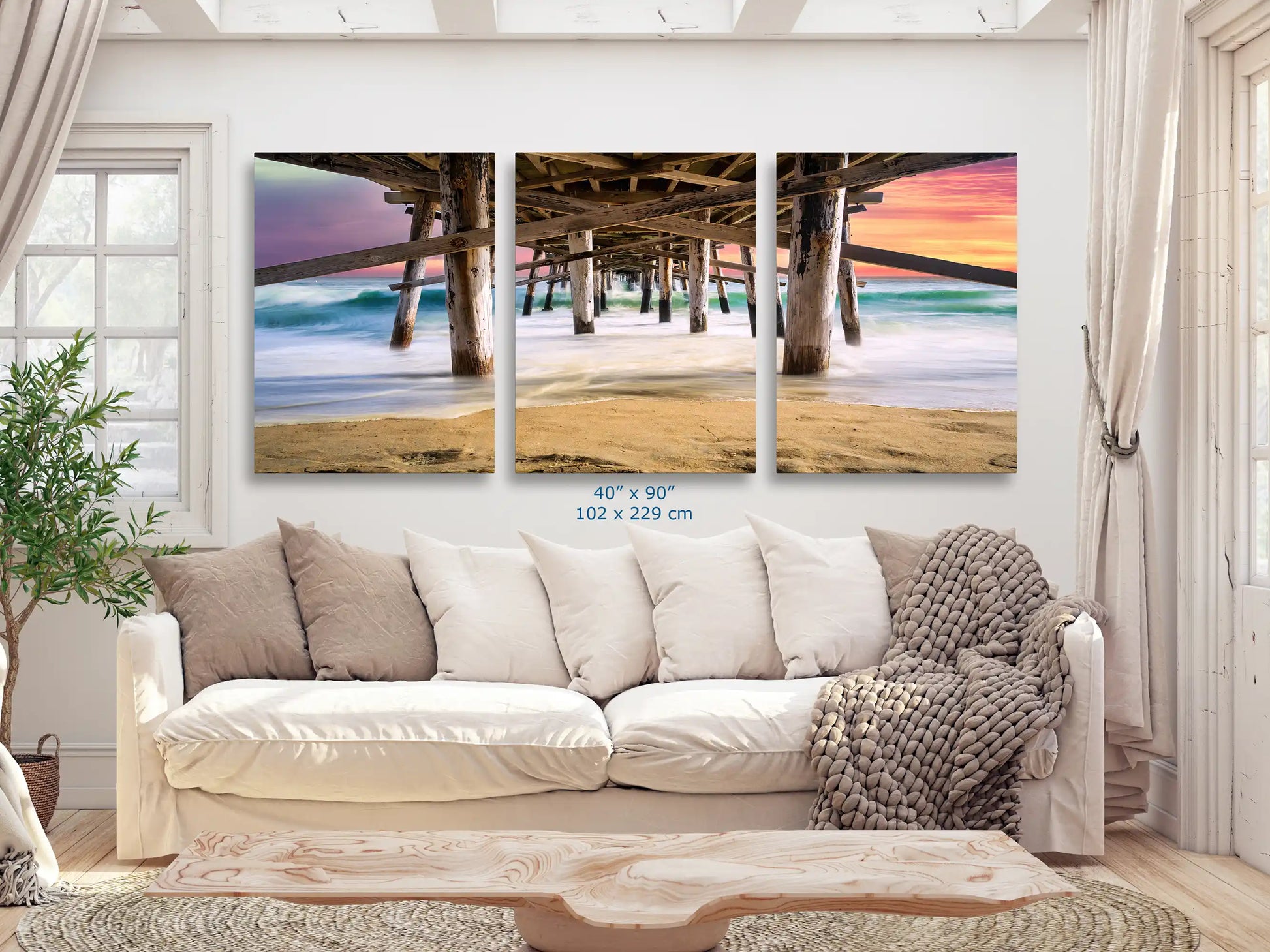 Majestic 40x90 canvas wall art of Balboa Pier at sunset in a living room, enveloping the viewer in coastal tranquility.