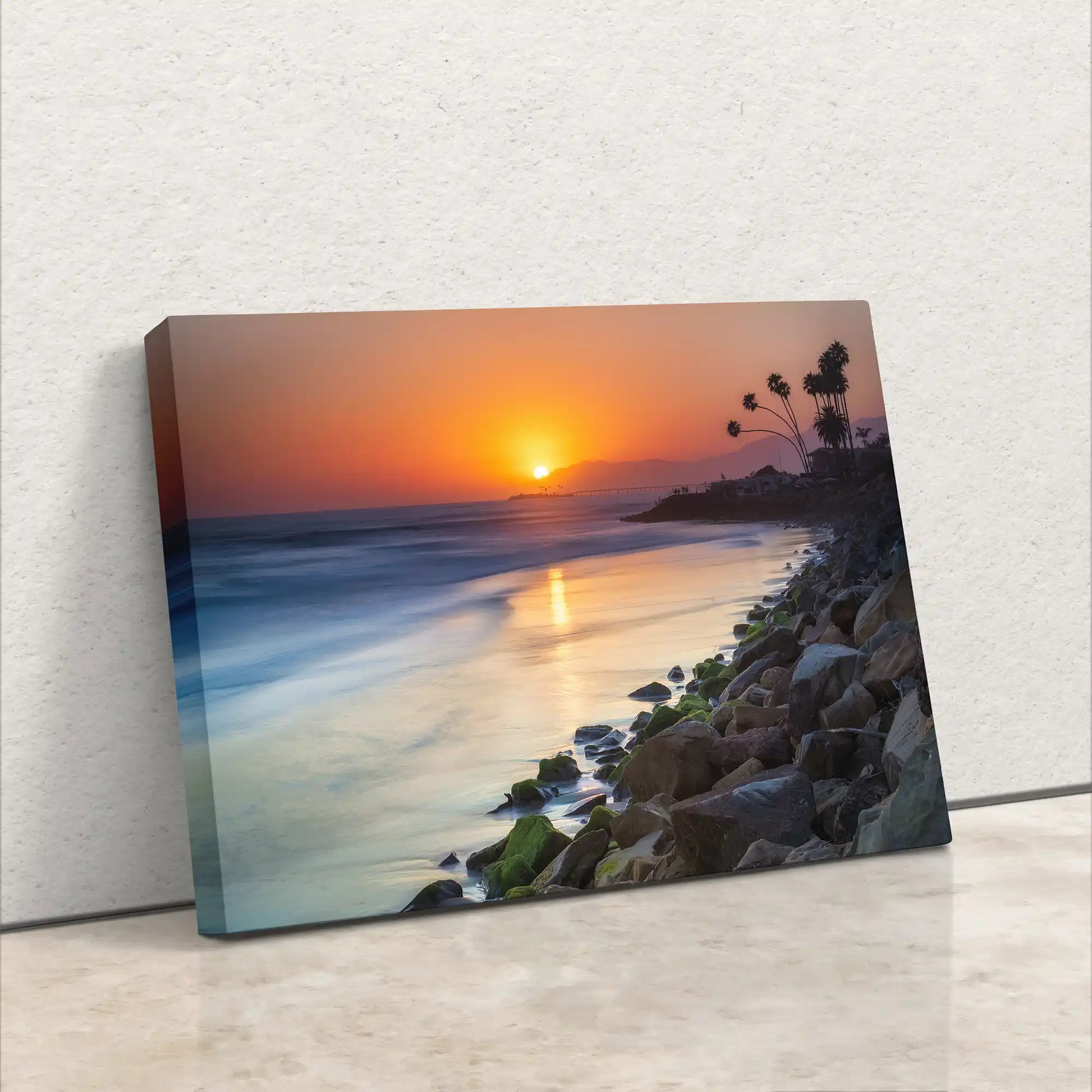 Side angle of Ventura Beach sunset canvas art, showcasing the thickness and sturdy construction ready to hang.