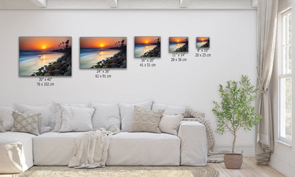 Sizing diagram for Ventura Beach sunset canvas prints, illustrating various sizes for home decor display.