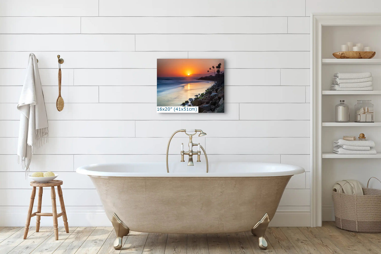 Ventura Beach sunset art above a bathtub, creating a serene bathroom ambiance with a 16"x20" canvas.