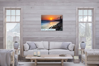 Ventura Beach sunset canvas art in a living room, size 30"x40", complementing a cozy, modern decor.