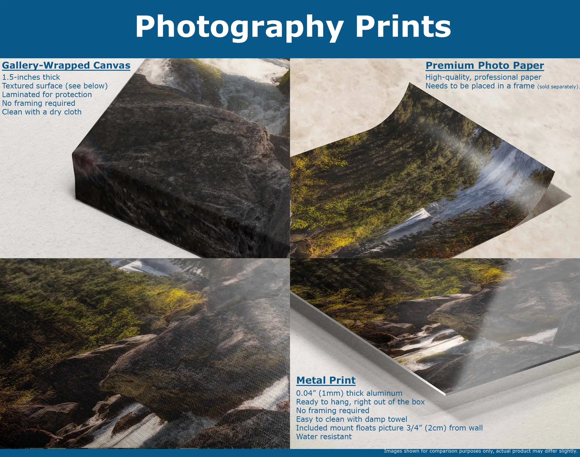 A display showing different mediums of the same Vernal Falls image: gallery-wrapped canvas, premium photo paper, and metal print.