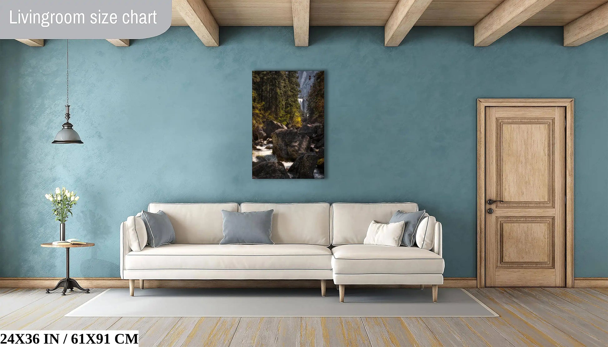 A 24x36-inch print of Vernal Falls in Yosemite positioned above a sectional sofa, enhancing the living room ambiance.