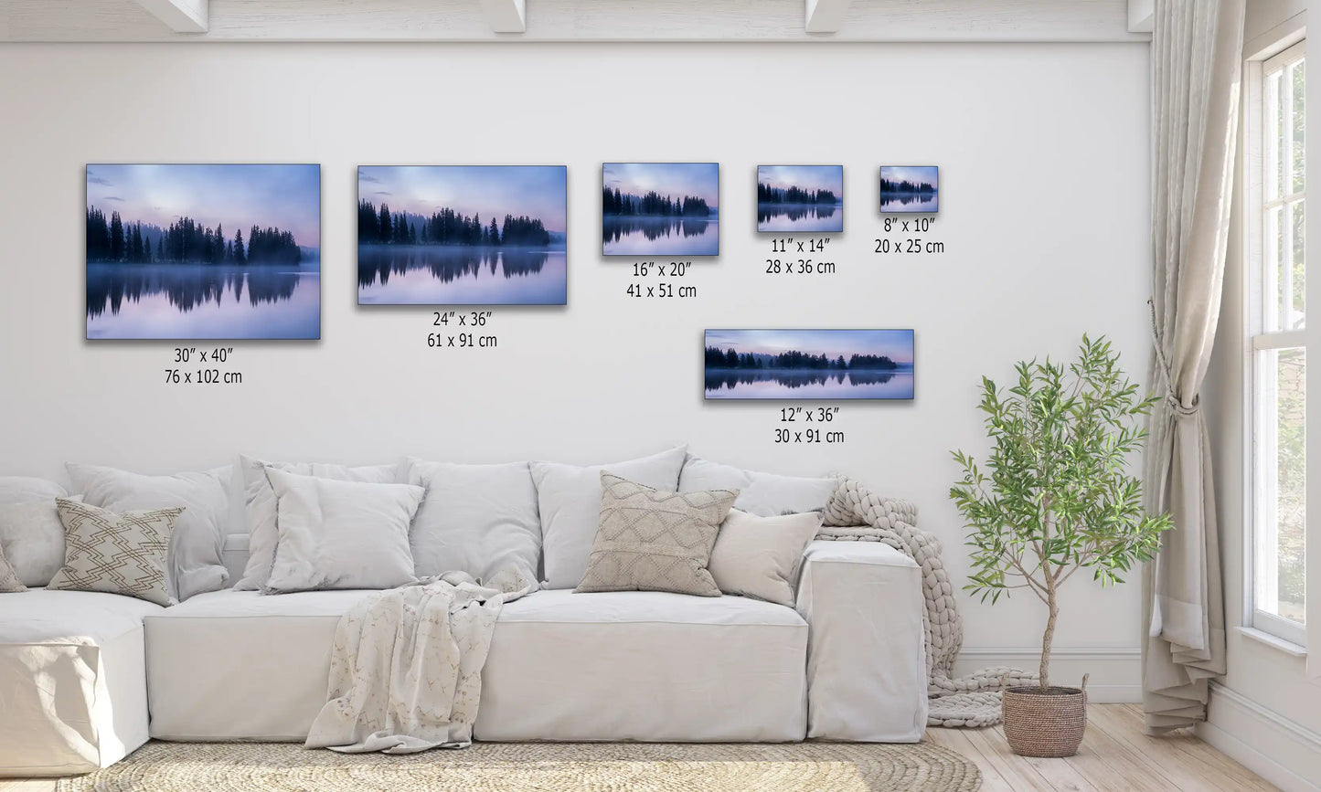 Diagram showing various sizes of wall art prints of Yellowstone Lake's twilight reflection, from small to large, for different room settings.